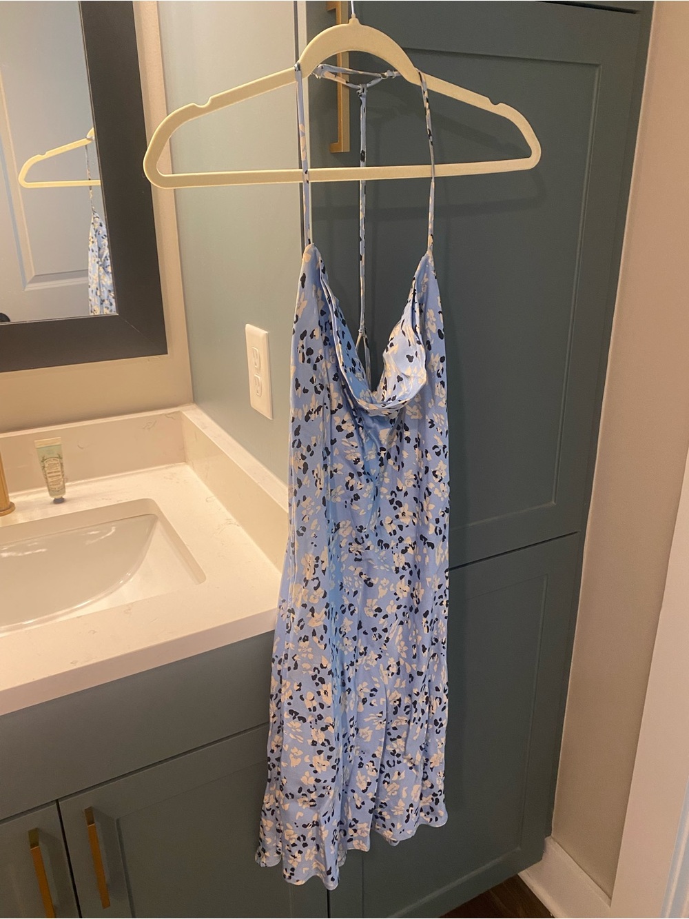 Astr Light Blue Floral Slip Dress with Navy & Cream Accents